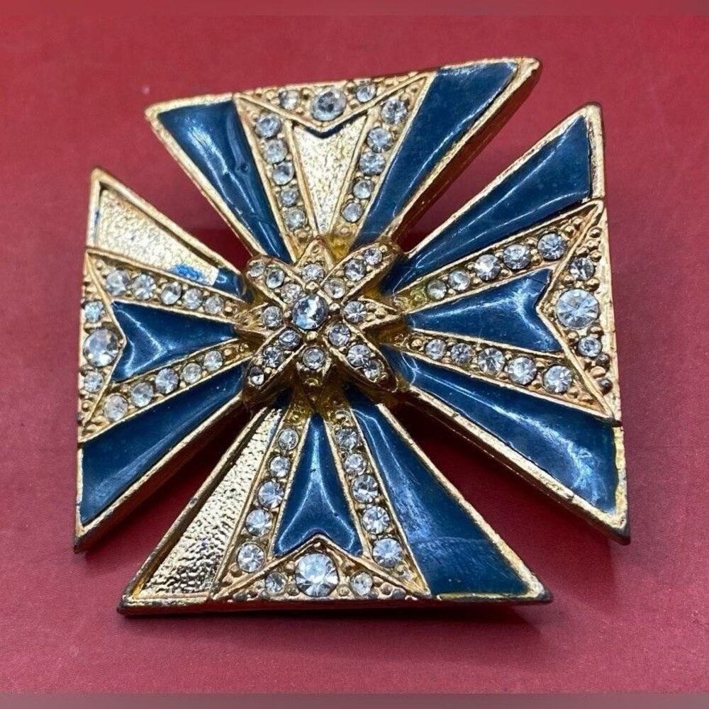 Maltese Cross Brooch Pendant Gold Tone Blue Enamel Rhinestones 1.75” *Read*